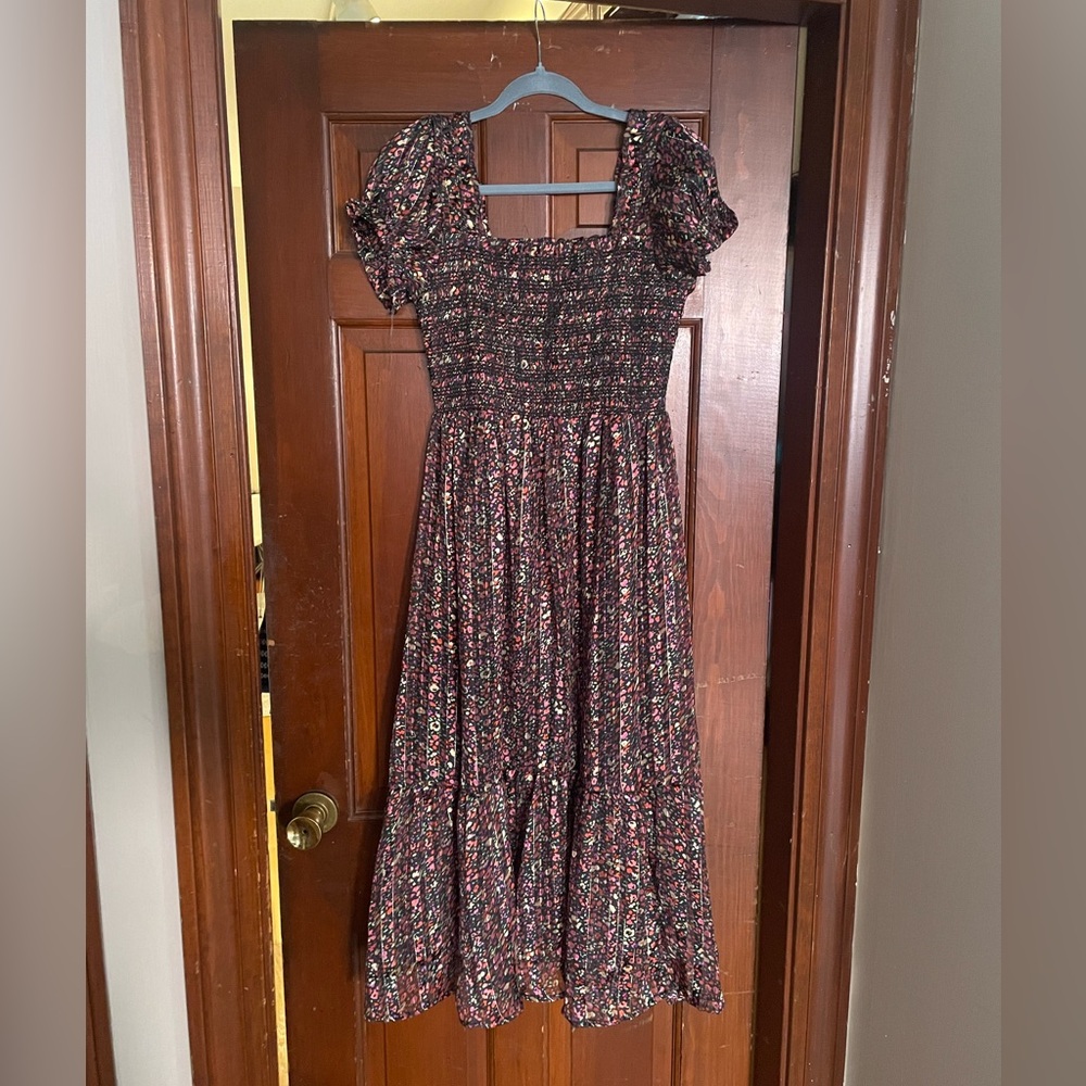 Floral Midi Dress - Puff sleeves, smocked bodice with ruffle trim